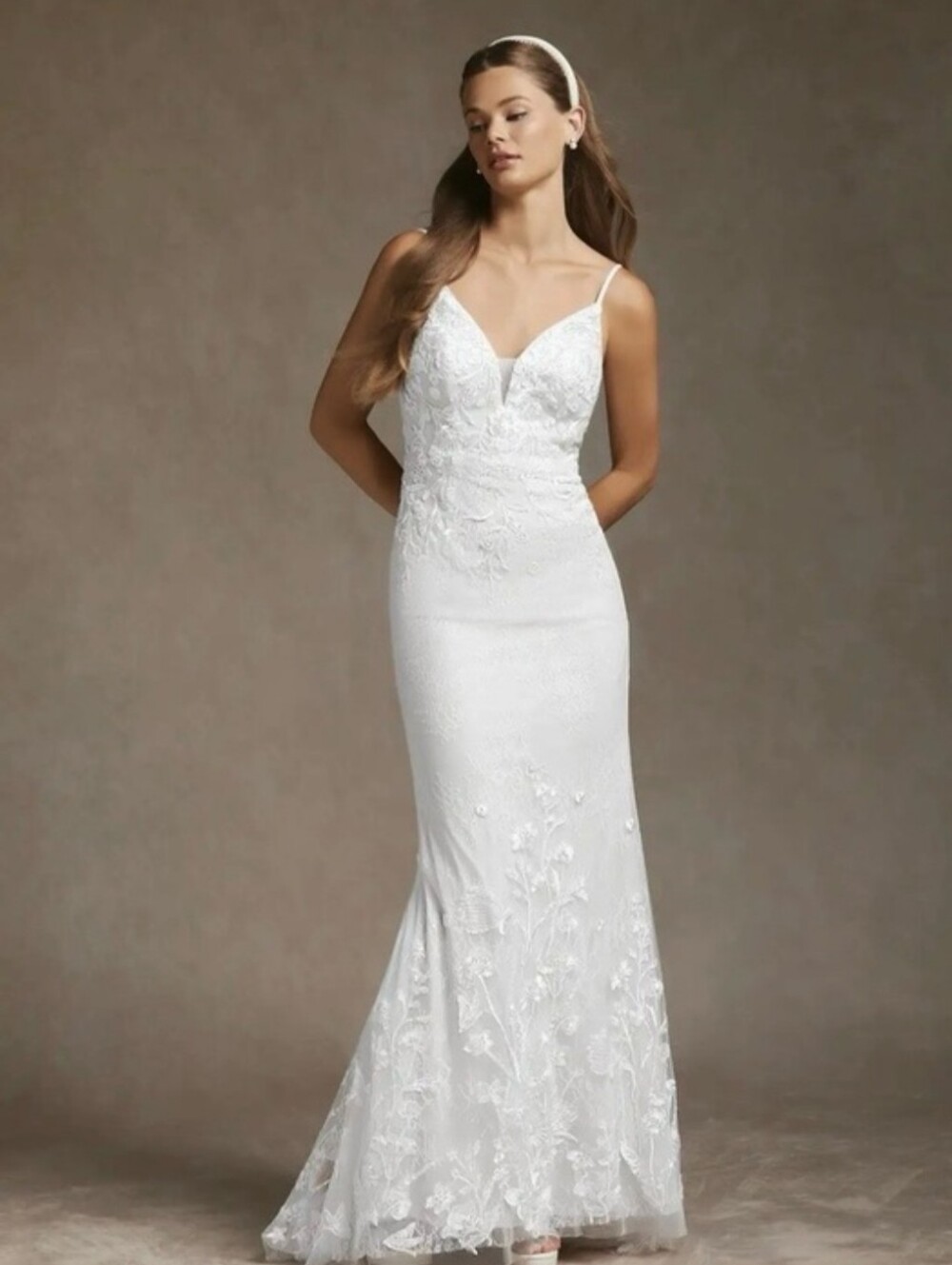 Azazie Diamond White/Champagne Floral Embroidered Wedding Dress - Picture 10 of 13